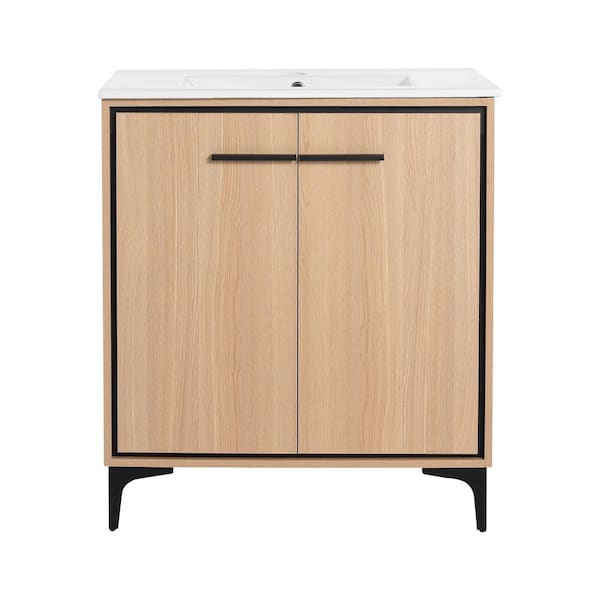 30 in. W x 18.31 in. D x 33.86 in. H Freestanding Bath Vanity in Light Brown with White Ceramic Vanity Top