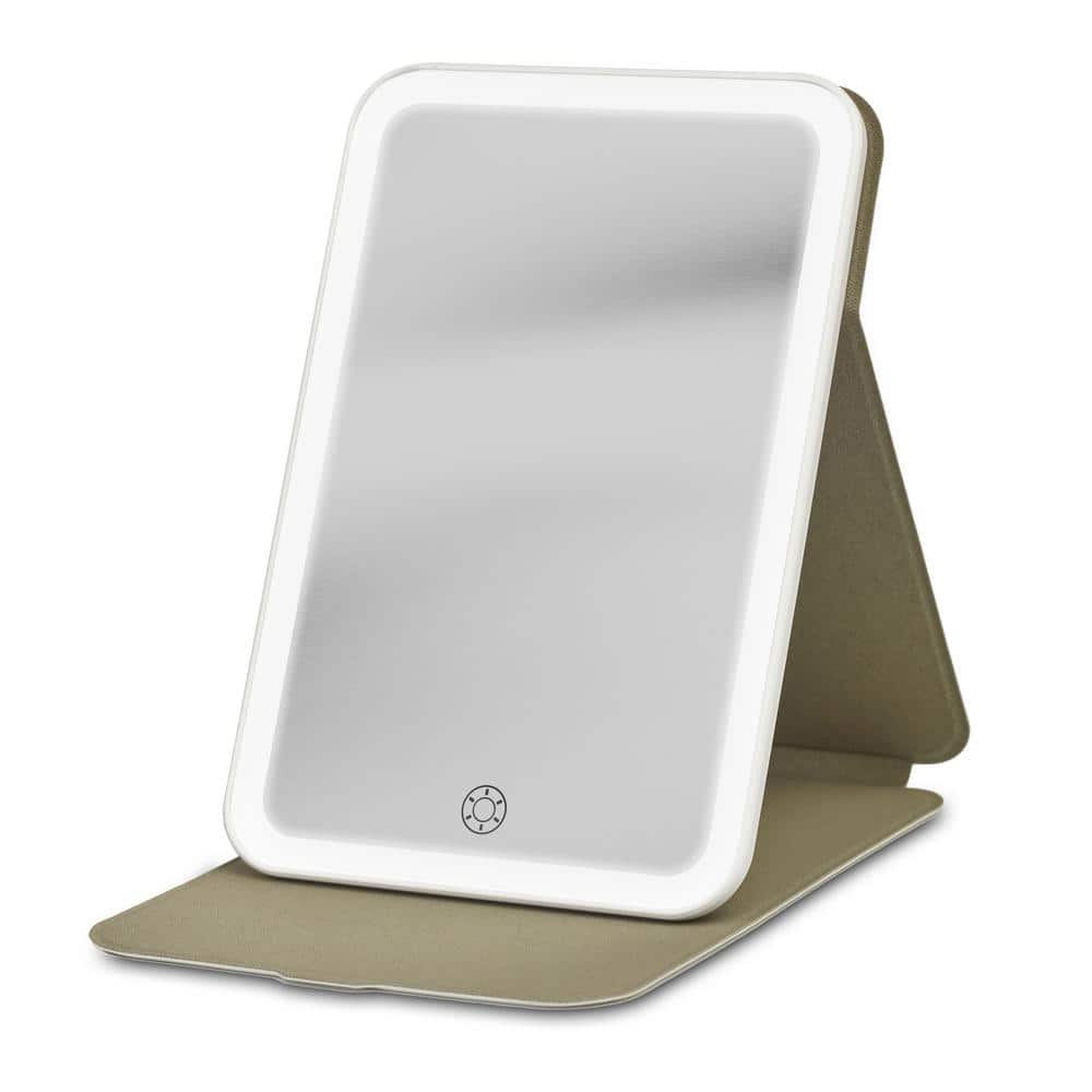 White Shatterproof Travel Mirror with Adjustable Stand and Light