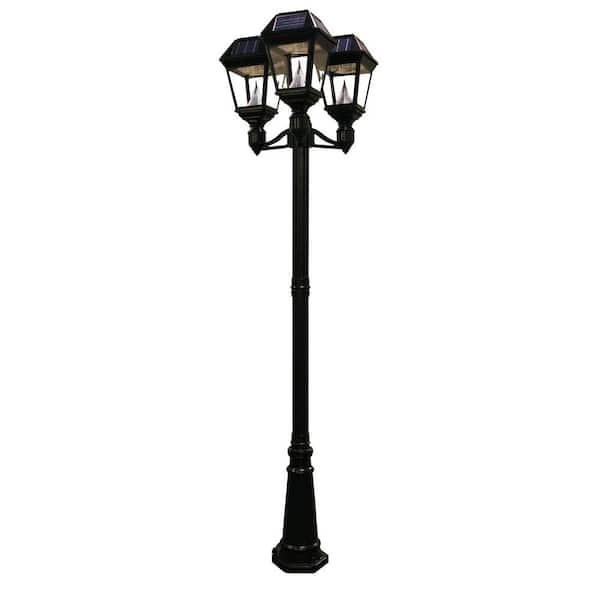 GAMA SONIC Imperial II 3-Head Solar Black Outdoor Integrated LED Lamp Post with 21 Bright White LEDs per Lamp Head