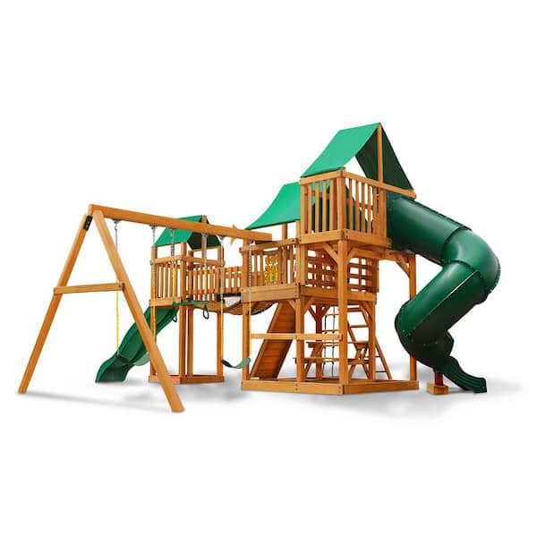 Gorilla Playsets Treasure Trove I Wooden Outdoor Playset with Green Vinyl Canopy, 2 Slides, Swings, and Backyard Swing Set Accessories