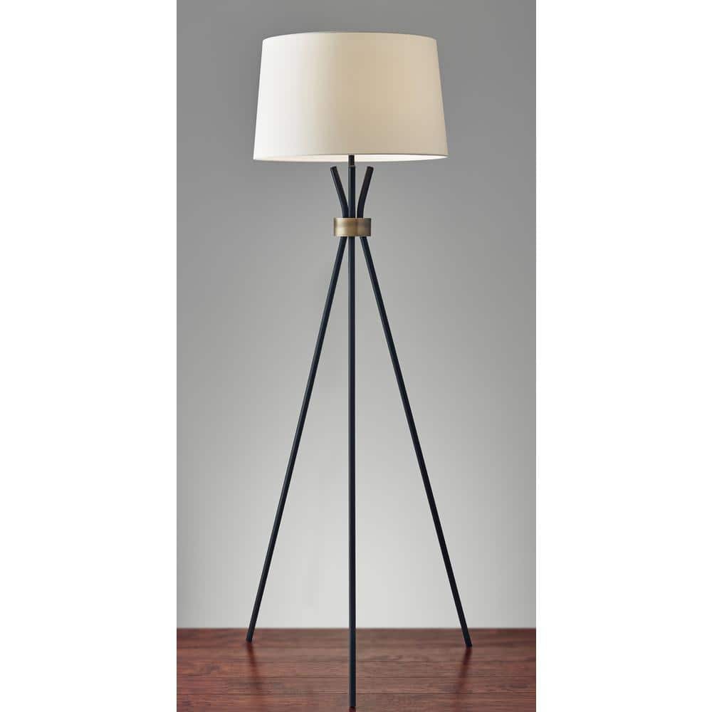 Benson Black Metal Tripod Floor Lamp with Off-White Linen Shade