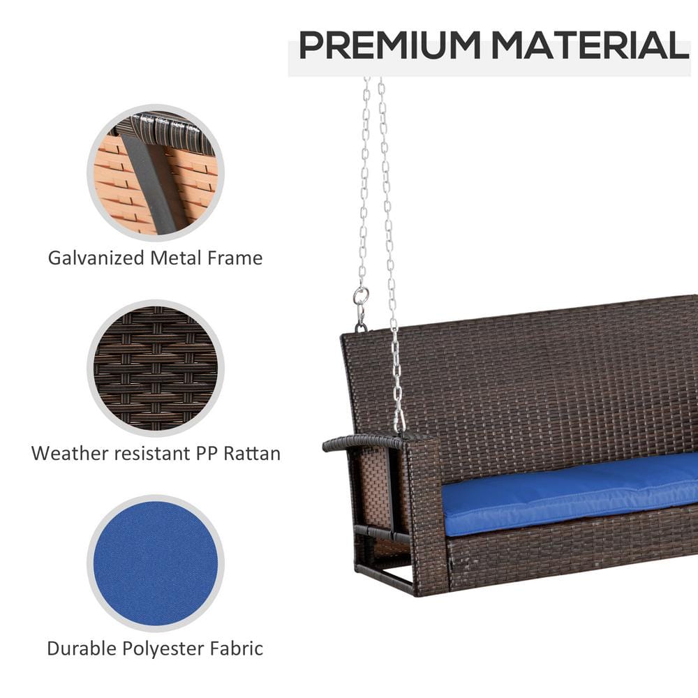 Blue Cushioned Wicker Hanging Porch Swing Bench