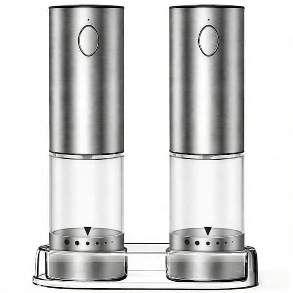 Silver Stainless Steel Electric Salt and Pepper Grinder Set, Rechargeable with LED Lights, Adjustable Coarseness