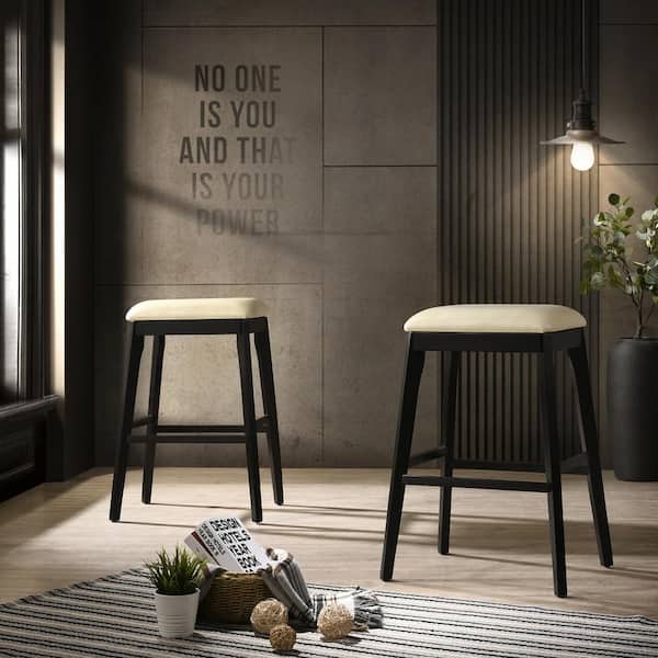 Mirabelle 30 in. Cream Backless Wood Frame Bar Height Stool with Faux Leather Seat (Set of 2)