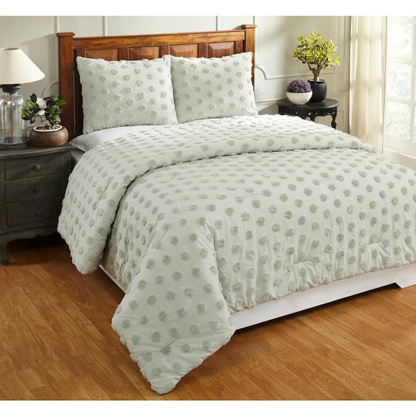 Better Trends Athenia Comforter 3-Piece Sage Full/Queen 100% Cotton Tufted Chenille Polka Dot Design Comforter Set