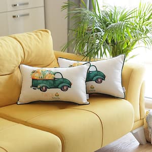 Fall Season Decorative Throw Pillow Pumpkin Truck 12 in. x 20 in. White & Green Lumbar Thanksgiving for Couch Set of 2