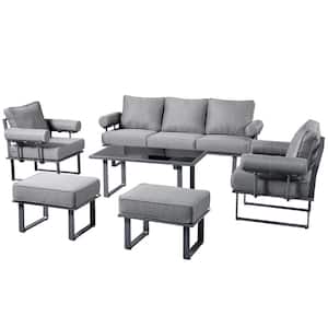 Teton Grand Gray 6-Piece Aluminum Outdoor Patio Conversation Sofa Set with Solid Gray Cushions