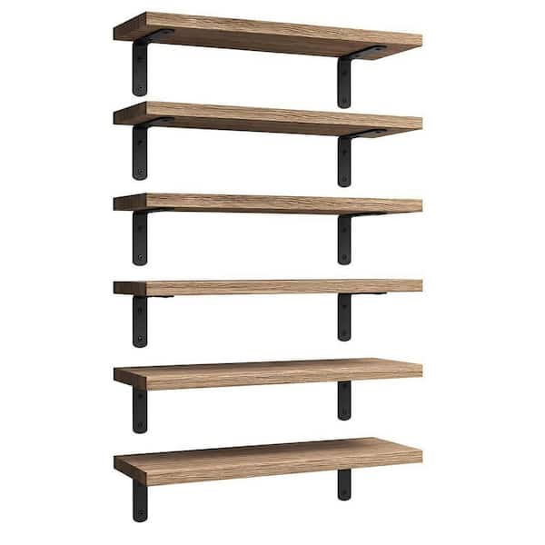 6-Piece 6 in. x 16.5 in. x 0.6 in. Wood Floating Shelves for Wall Decor, Farmhouse Shelf for Bedroom, Living Room, Brown