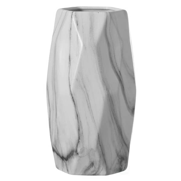 Contemporary Ceramic Marble Look Design Table Vase Geometric Flower Holder  Decor, 8 Inch