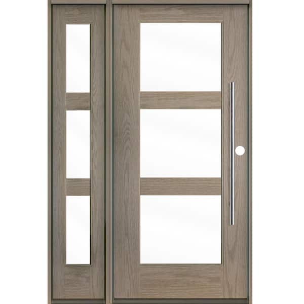 Krosswood Doors Faux Pivot 50 in. x 80 in. 3-Lite Left-Hand/Inswing ClearGlass Oiled Leather Stain Fiberglas Prehung Front Door with LSL