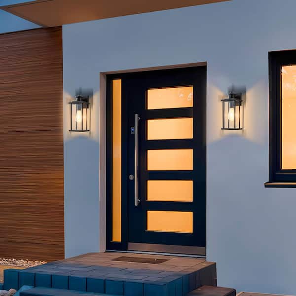 12in. Motion Sensing Dusk to Dawn Matte Black Outdoor Hardwired Wall Lantern Sconce with No Bulbs Included