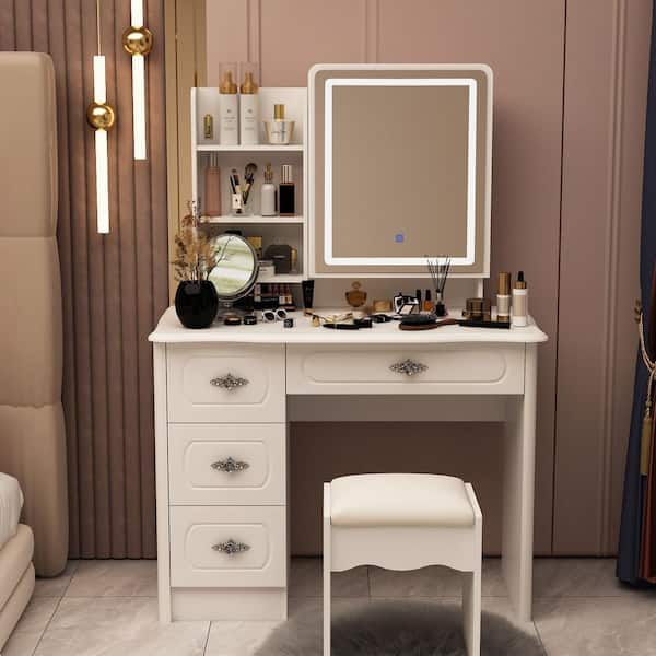 FUFU&GAGA White Wood LED Color Change Mirror Makeup Vanity Sets
