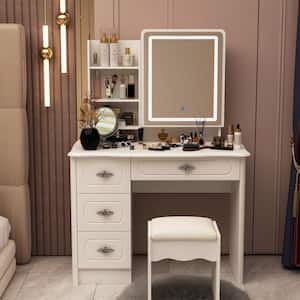4-Drawers Push-Pull Mirror White Makeup Vanity Sets Dressing Table Sets With Color Change LED, Stool, 3-Tier Shelves