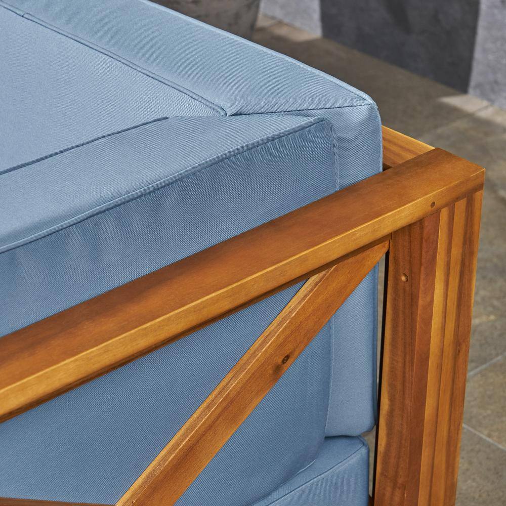 Teak and Blue Acacia Wood Outdoor Sectional Loveseat with Cushions