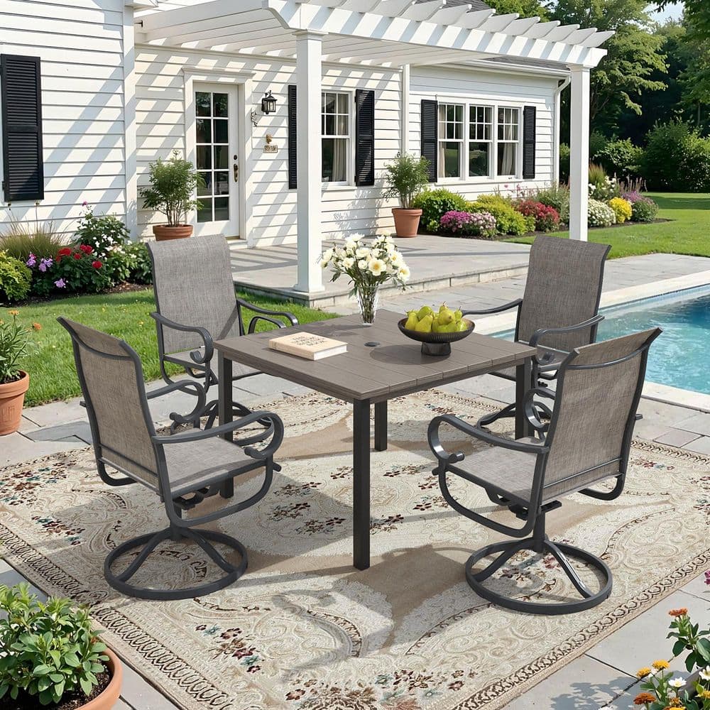 5-Piece Metal Outdoor Dining Set with 40.2 in. Gray Wood-Like Square Table and 4 Textilene Swivel Rocking Chairs in Gray price history on PriceWatchPro