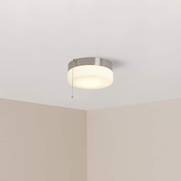 Hampton Bay 8 in. 60-Watt Equivalent Brushed Nickel Integrated LED Drum Flush Mount with Pull Chain and Glass Shade