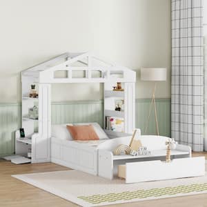 White Wood Frame Twin Size House Platform Bed, Floor Bed with Drawers, Multiple Shelves, USB Charging, Bed-End Bench