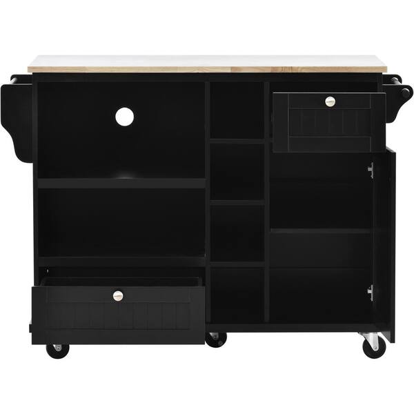 Boosicavelly Black Rubber Wood MDF Kitchen Cart with Spice Rack and Locking Wheels