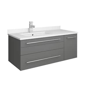 Lucera 36 in. W Wall Hung Bath Vanity in Gray with Quartz Stone Vanity Top in White with White Basin