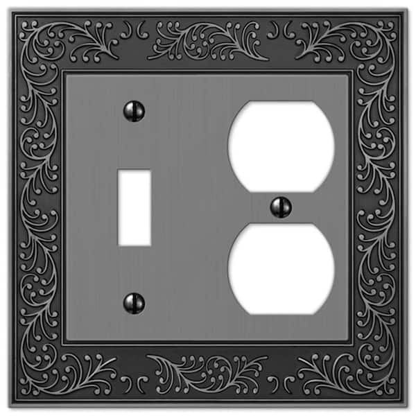 AMERELLE Bleinhem 2 Gang 1-Toggle and 1-Duplex Metal Wall Plate - Antique Nickel