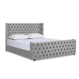 Brooklyn King Bed Frame with Headboard & Footboard, Opal Gray Velvet