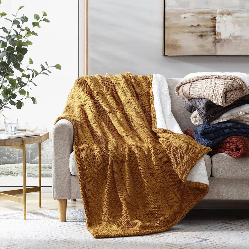 Nutmeg Cable Knit & Sherpa Reversible Cozy Throw, 50" x 60"