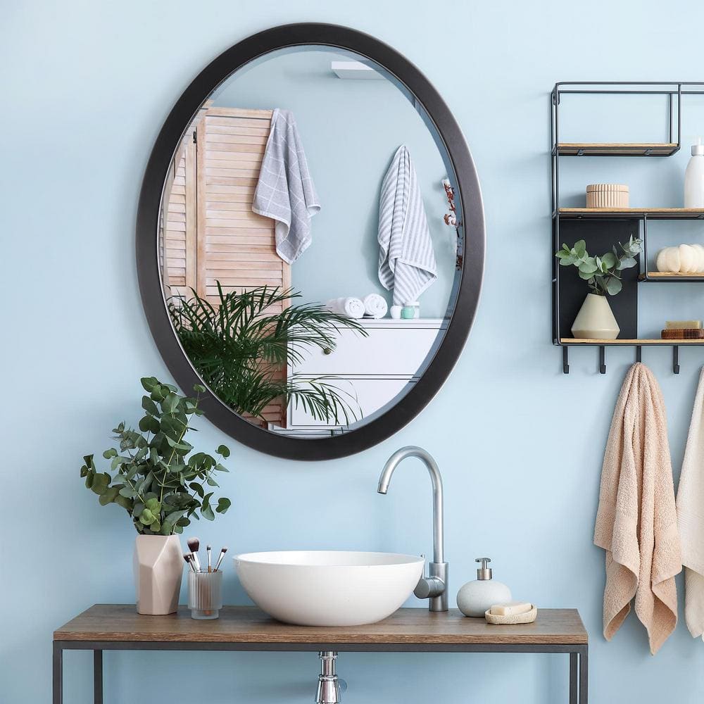 Classic Black Oval Wood Framed Vanity Mirror, 23" x 29"