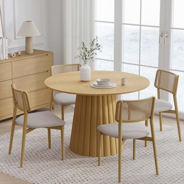 Dovelina 46 in. Natural Oak Wood Color Column Pedestal Round Kitchen Table Dining Table Seats 4