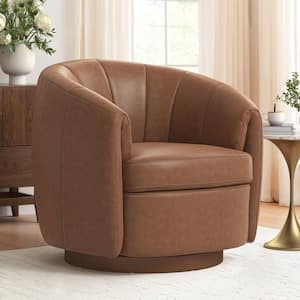 Brown Modern Genuine Leather Swivel Barrel Chair with Solid Wood Base Accent Chair