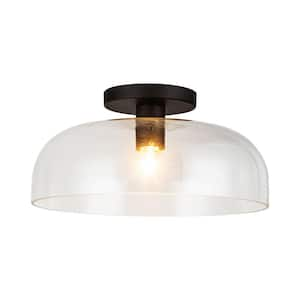 Sylvia 12 in. 1 Light 60-Watt Matte Black/Clear Glass Semi-Flush Mount