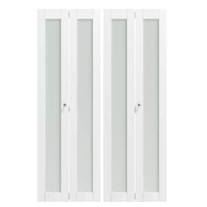 48 in. x 80 in. (Double Doors) White Frosted Glass, MDF Single Glass Panel Bi-Fold Doors with Hardware Kits