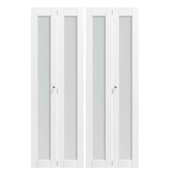 TENONER 48 in. x 80 in. (Double Doors) White Frosted Glass, MDF Single Glass Panel Bi-Fold Doors with Hardware Kits