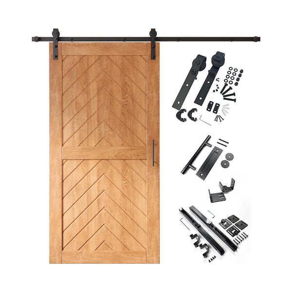 JT1 32 in. x 80 in. C-Panel Early American Fishbone Design Solid Pine Wood Sliding Barn Door with Hardware Kit