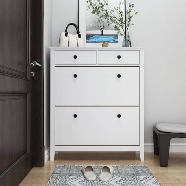 41.1 in. H x 35 in. W White Wood Shoe Storage Cabinet With 2-Drawers Fits up to 16-Shoes