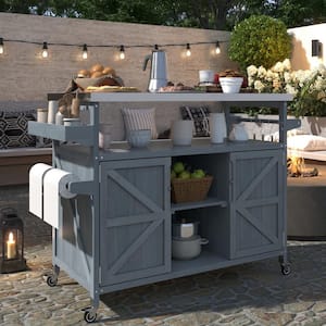 50.25 in. Gray Blue Farmhouse Solid Wood Outdoor Kitchen Island Grill Cart with Stainless Steel Top
