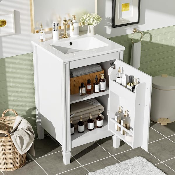 20 in. Single Sink Freestanding White Bath Vanity with White Ceramic Top, Adjustable U-Shaped Shelf, Unassembled