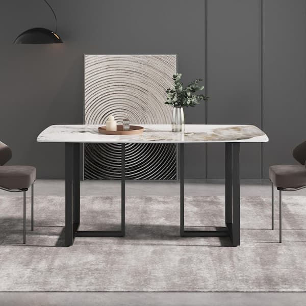 Magic Home 63 in. Pandora Modern Sintered Stone Rectangle Top 2 Black Trestle Dining Table (Seats 6)