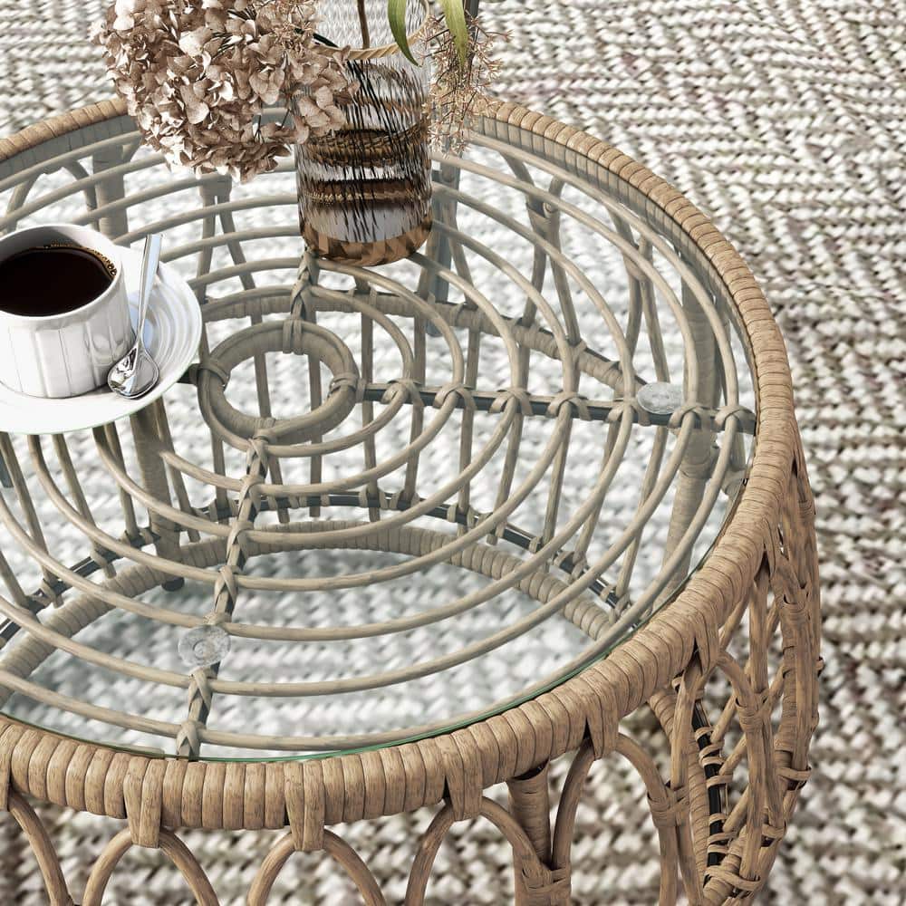 Natural Boho Rattan Round Coffee Table with Glass Top