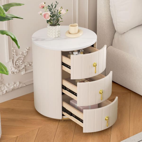 Beige 3-Drawer 15.75 in. W Round Upholstered Nightstand with Metal Handles, Marbling Stickers Top