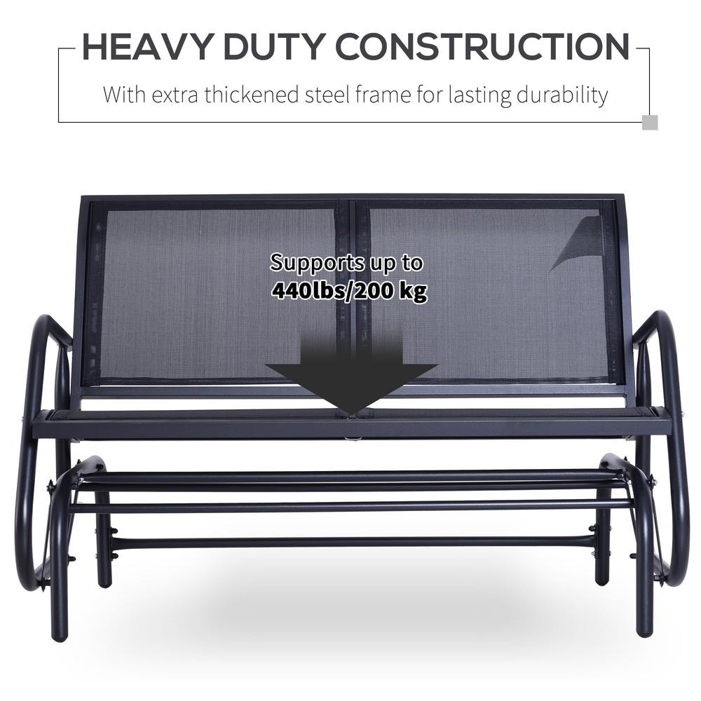 Black Steel Outdoor Glider Bench with Ergonomic Backrest
