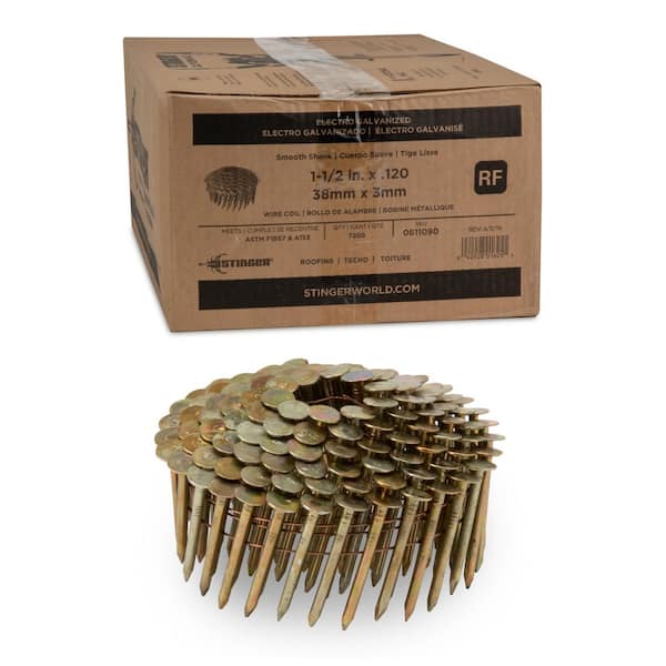 1-1/2 in. x 0.120-Gauge Electro Galvanized Smooth Shank Wire Coil Roofing Nails (7200 Per Box)