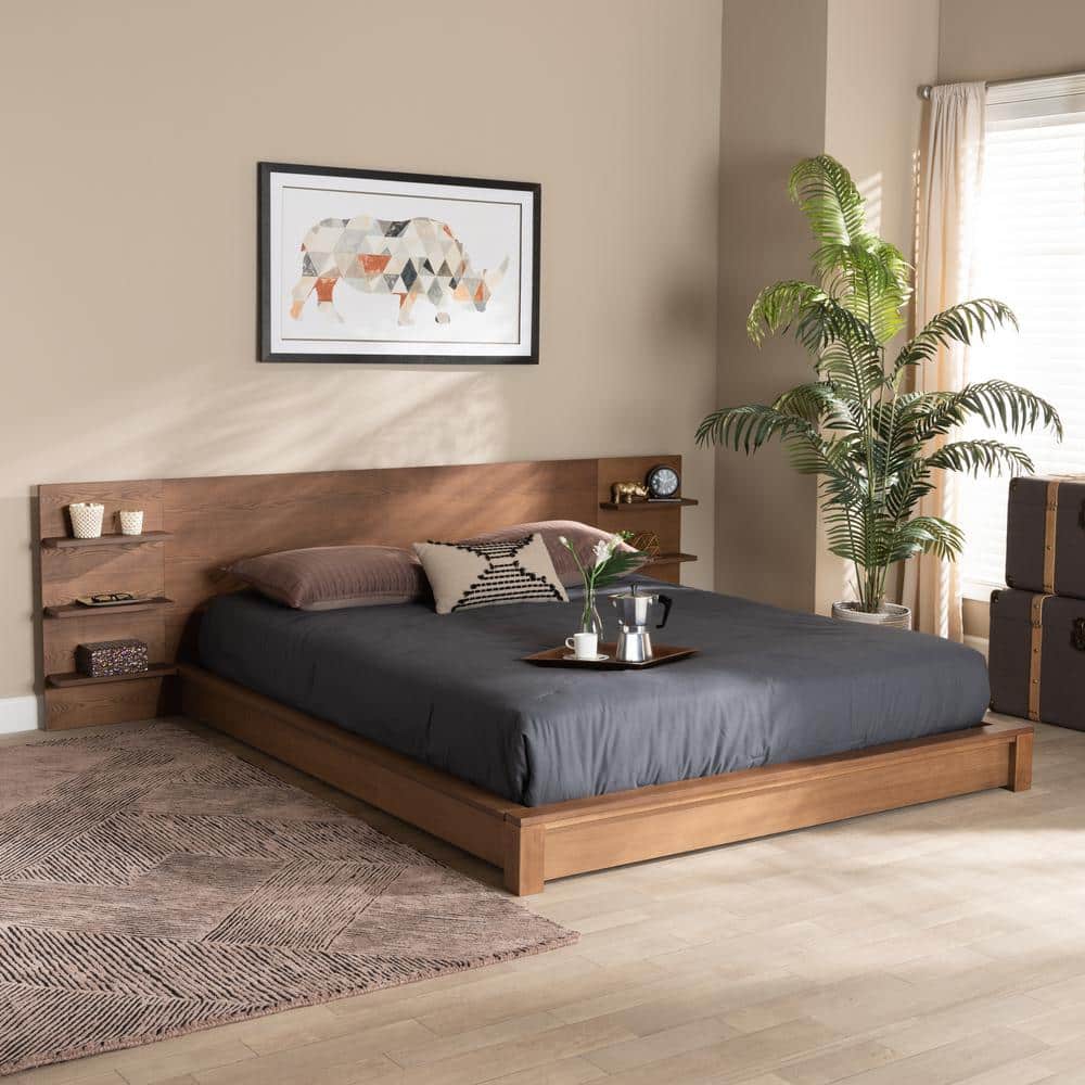Walnut Brown Wood Queen Platform Storage Bed with Shelves