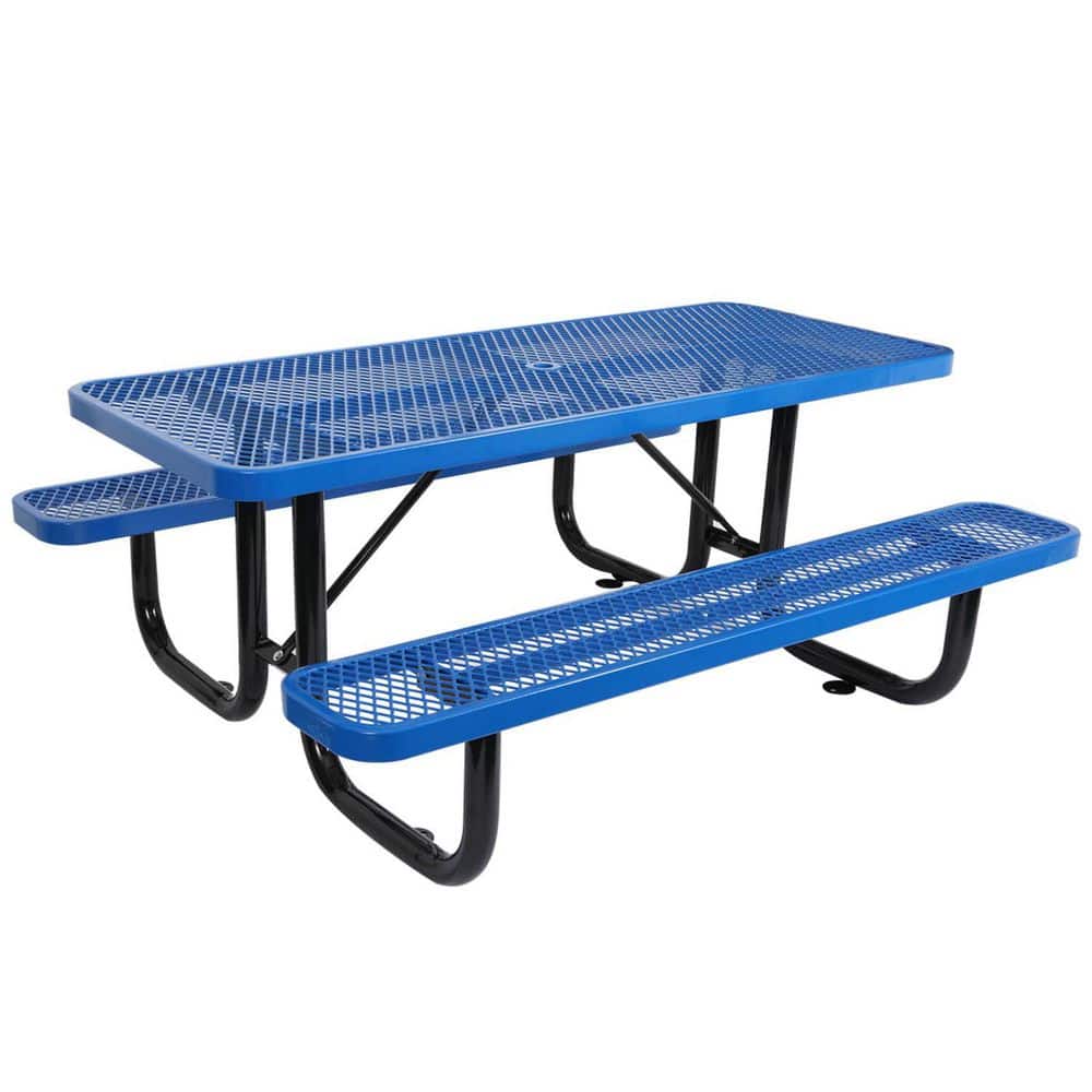 61 in. Blue Rectangle Steel Picnic Table Seats 6-People with Umbrella Hole 