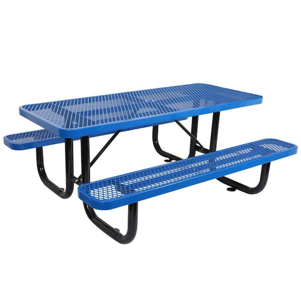 Unbranded 61 in. Blue Rectangle Steel Picnic Table Seats 6-People with Umbrella Hole Outdoor Picnic Table