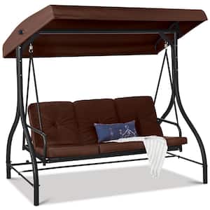 3-Person Metal Patio Swing with Brown Cushion