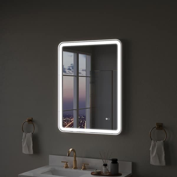 ANGELES HOME 28 in. x 36 in. Rectangular Aluminum Framed Wall Mount LED Bathroom Vanity Mirror in White, Z-Bar for Quick Installation