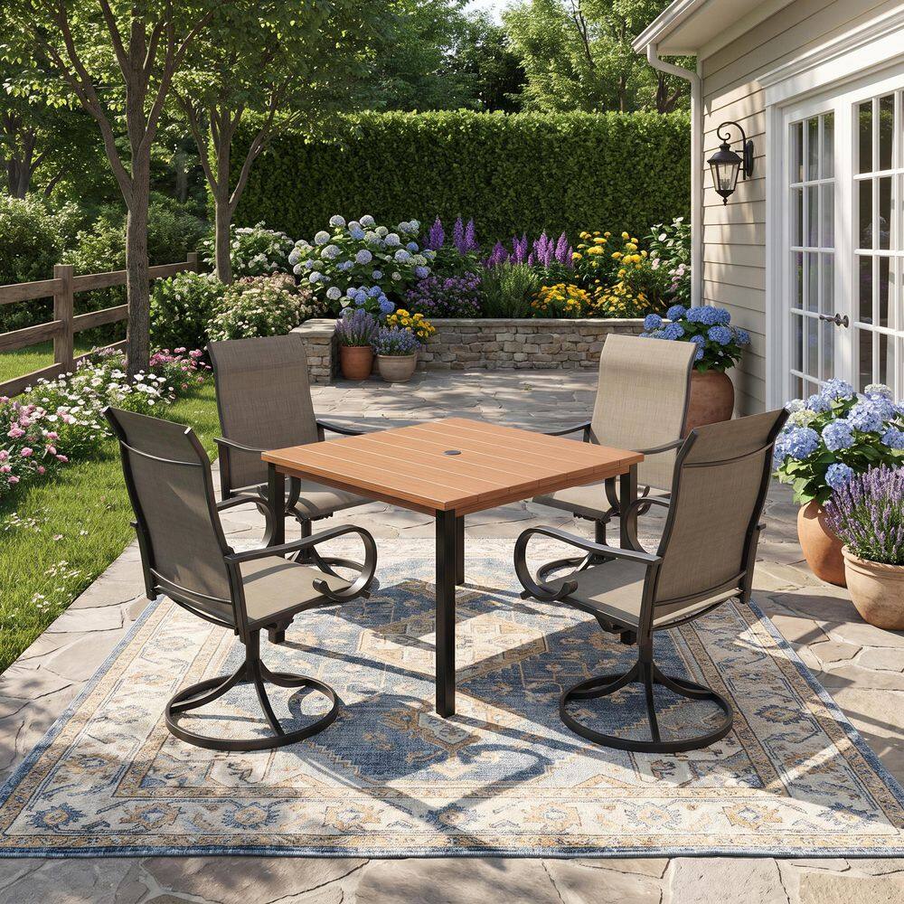 5-Piece Metal Outdoor Dining Set with 40.2 in. Walnut Square Table and 4 Textilene Swivel Chairs with Brown Fabric price history on PriceWatchPro