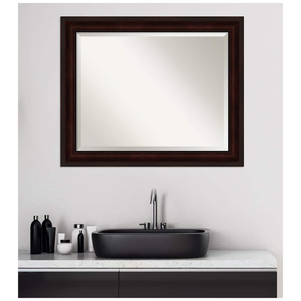 Elegant Coffee Bean Brown Wood Framed Beveled Bathroom Mirror 33x27