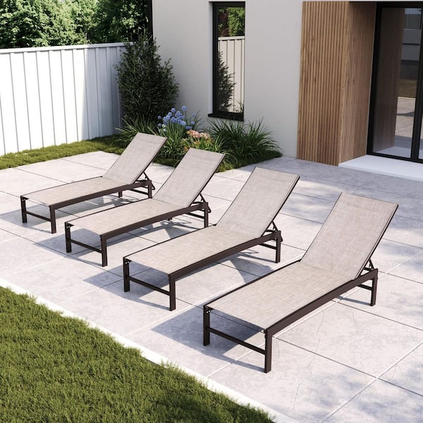 4-Piece Poolside Brown Metal Recliner Adjustable Outdoor Chaise Lounge Chairs in Beige