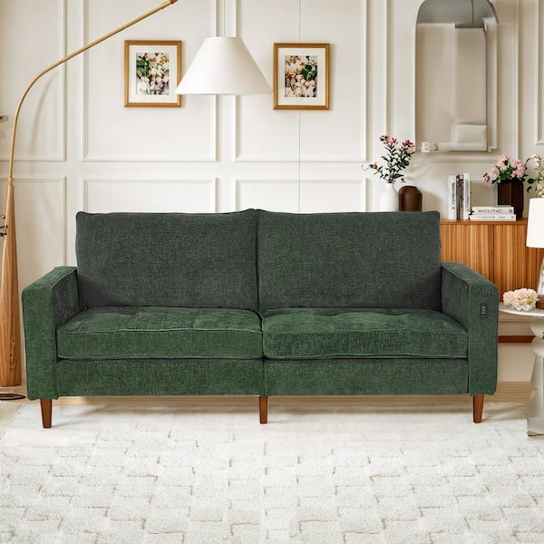 WONDER COMFORT Modern 82 in Wide Square Arm Chenille Upholstered Rectangle Loveseat Sofa with USB Ports in Green